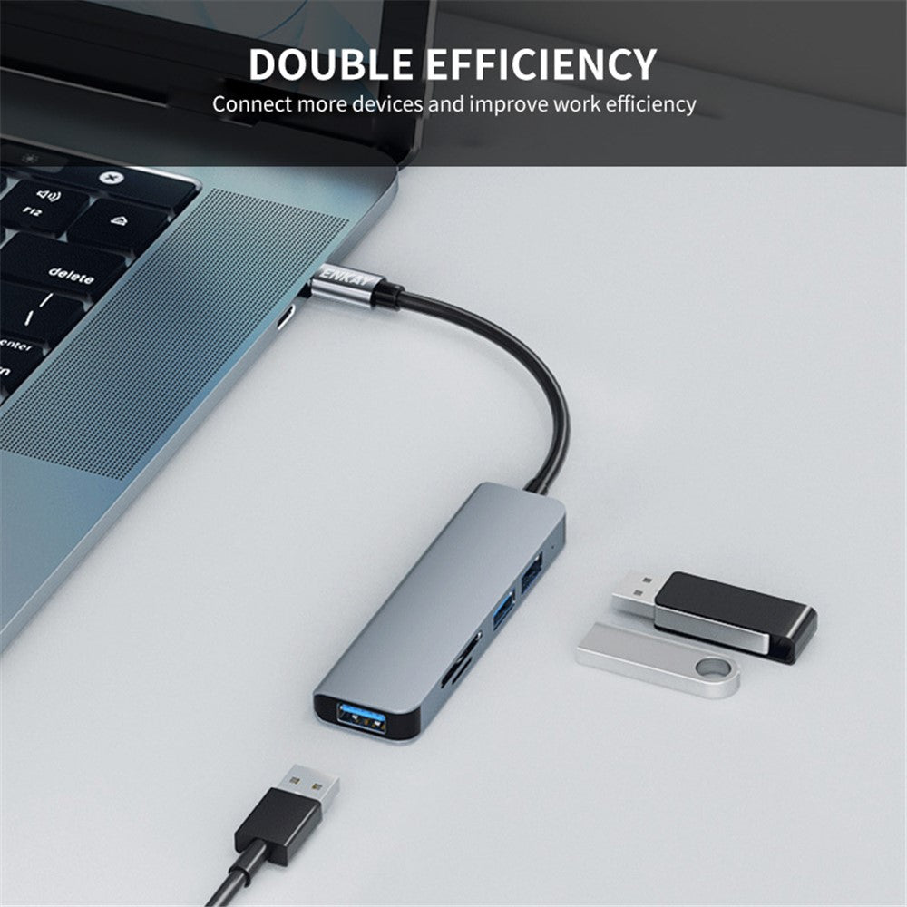 ENKAY HAT PRINCE Type-C Hub Adapter 5-in-1 Multi-Port Converter to USB3.0 + 2xUSB2.0 + SD / TF Card Reader Compatible with Type-C Devices and OS Systems