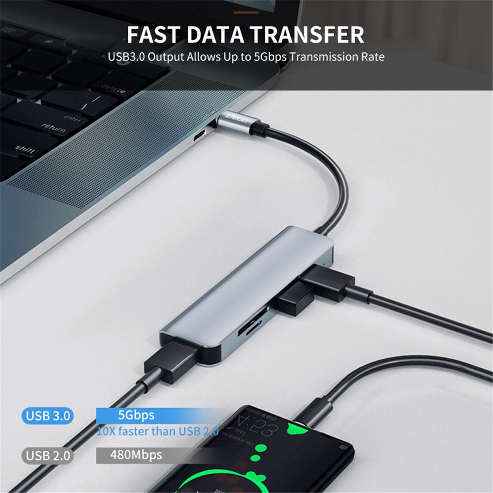 ENKAY HAT PRINCE Type-C Hub Adapter 5-in-1 Multi-Port Converter to USB3.0 + 2xUSB2.0 + SD / TF Card Reader Compatible with Type-C Devices and OS Systems