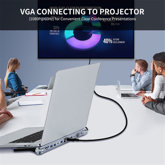 JUNSUNMAY JSM-HUB022 12-in-1 Type-C Docking Station Multi-Port Type-C Hub Converter USB-C to HD + VGA + RJ45 100Mbps + TF Card + 3.5mm Audio