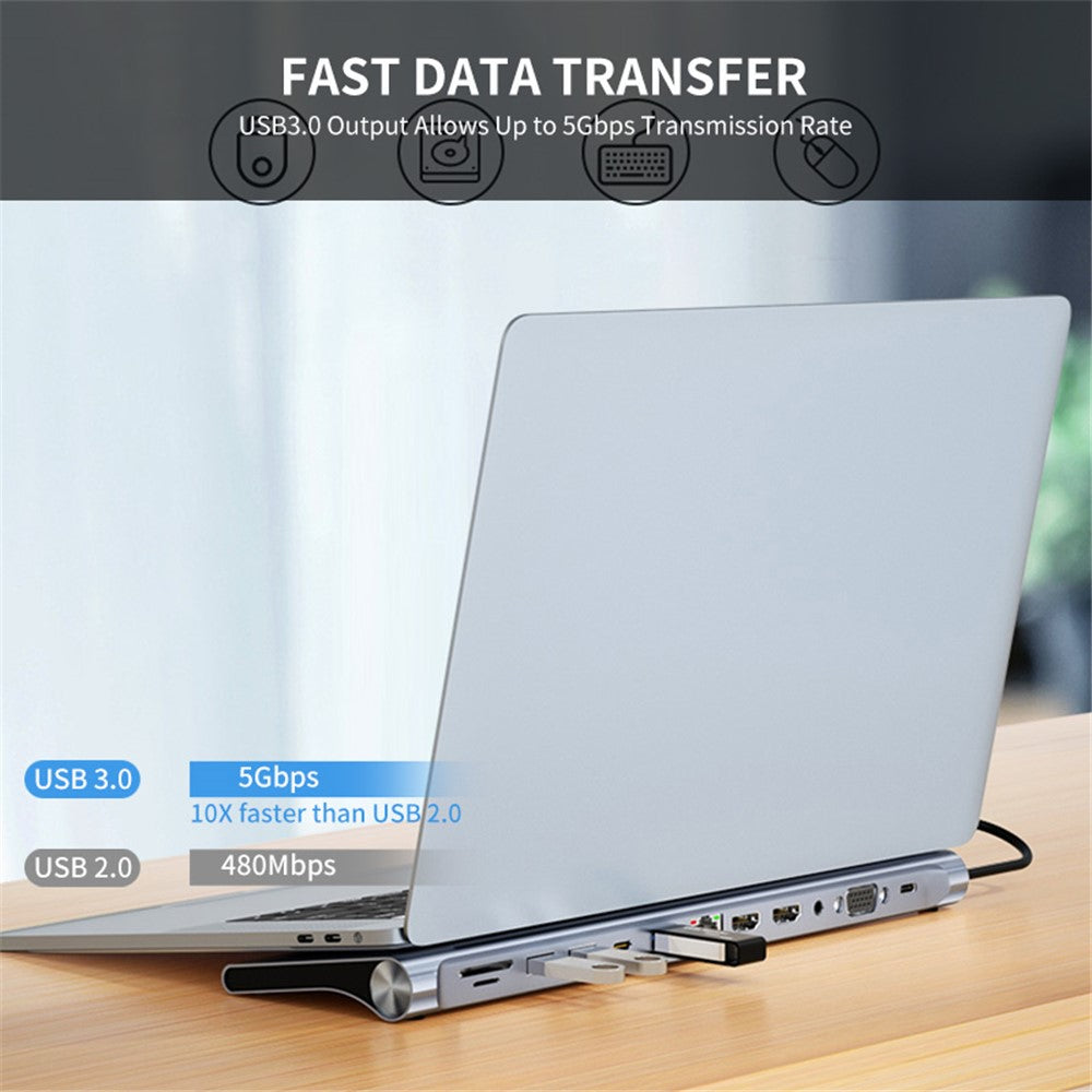 JUNSUNMAY JSM-HUB022 12-in-1 Type-C Docking Station Multi-Port Type-C Hub Converter USB-C to HD + VGA + RJ45 100Mbps + TF Card + 3.5mm Audio