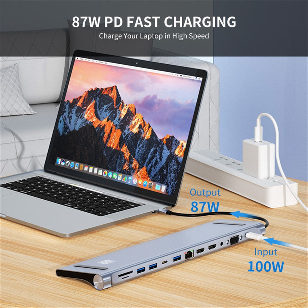 JUNSUNMAY JSM-HUB022 12-in-1 Type-C Docking Station Multi-Port Type-C Hub Converter USB-C to HD + VGA + RJ45 100Mbps + TF Card + 3.5mm Audio
