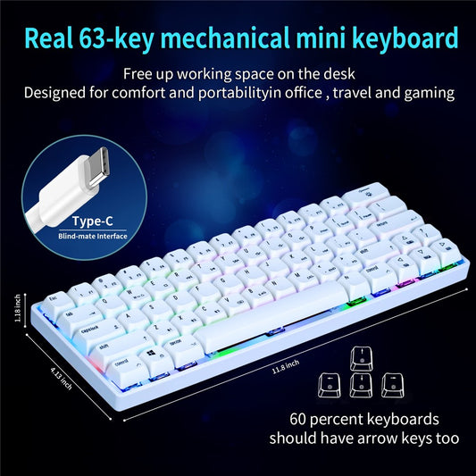 IVHCO 63 Keys Mini Gaming Mechanical Keyboard 3-Mode Bluetooth-compatible Keyboard with RGB Effects