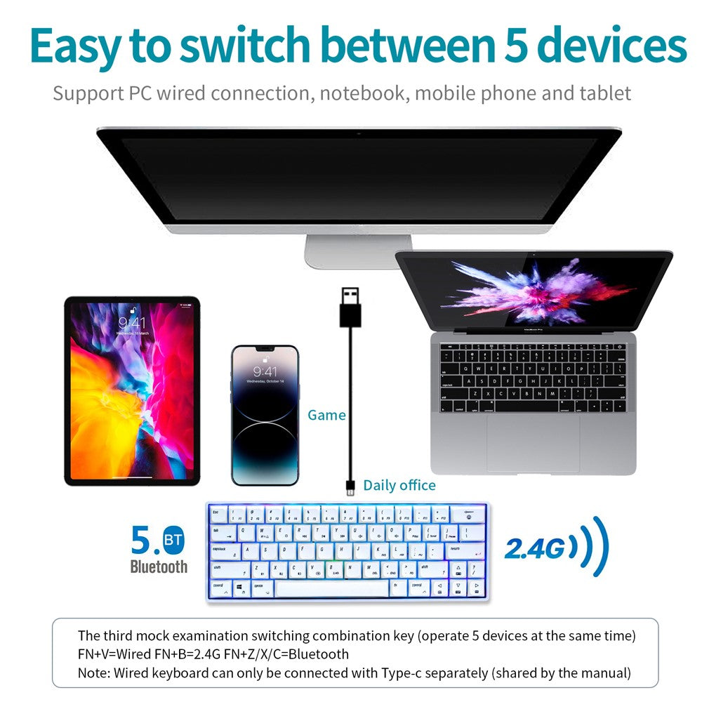 IVHCO 63 Keys Mini Gaming Mechanical Keyboard 3-Mode Bluetooth-compatible Keyboard with RGB Effects