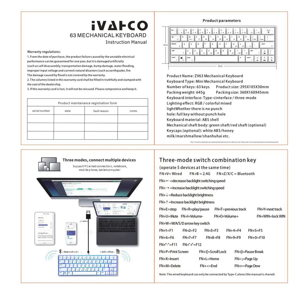 IVHCO 63 Keys Mini Gaming Mechanical Keyboard 3-Mode Bluetooth-compatible Keyboard with RGB Effects