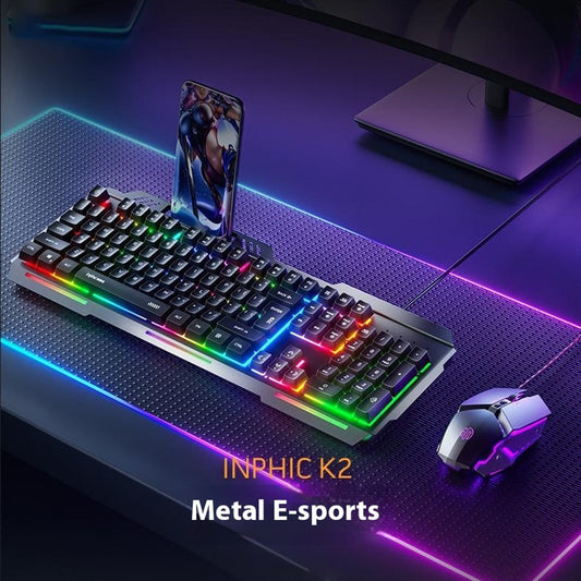 INPHIC K2 104-Key Wired Gaming Keyboard Metal Panel Mechanical Keyboard with 7 Color Backlit