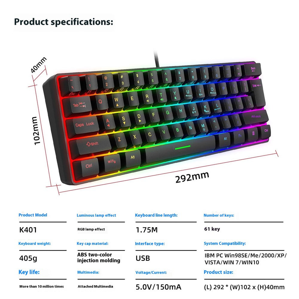 Y-FRUITFUL K401 Wired Keyboard 61-Key RGB Backlit Computer Office Gaming Keyboard