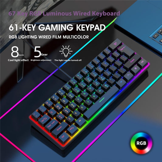 Y-FRUITFUL K401 Wired Keyboard 61-Key RGB Backlit Computer Office Gaming Keyboard