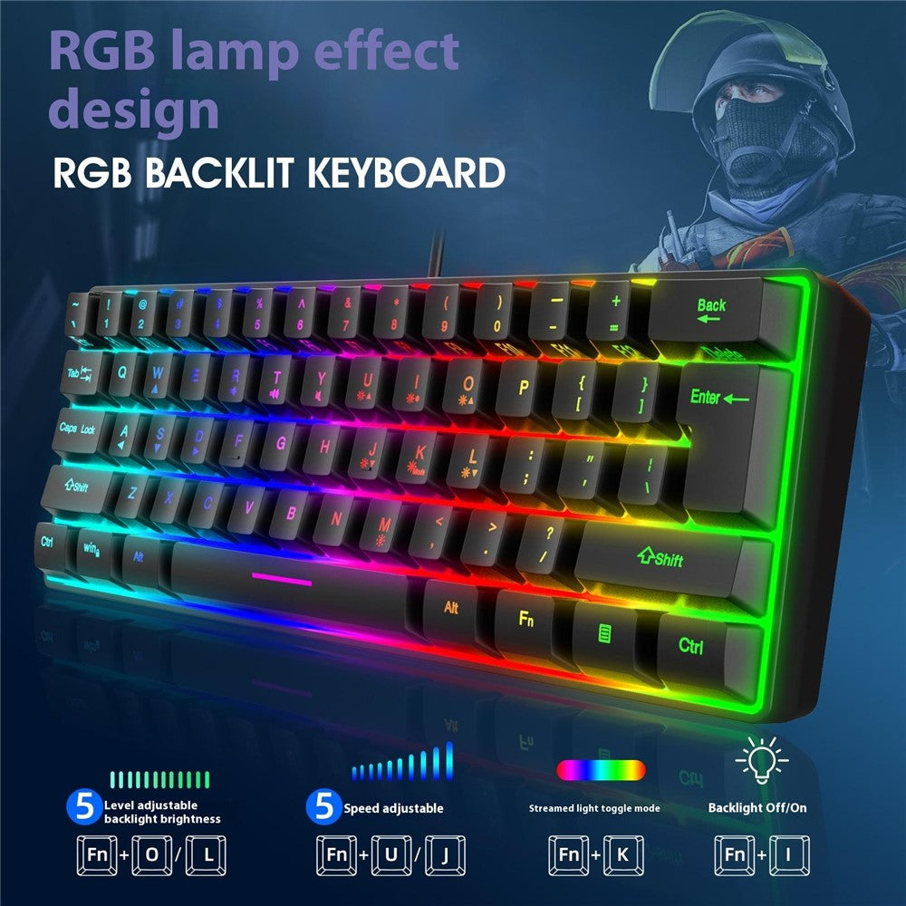 Y-FRUITFUL K401 Wired Keyboard 61-Key RGB Backlit Computer Office Gaming Keyboard