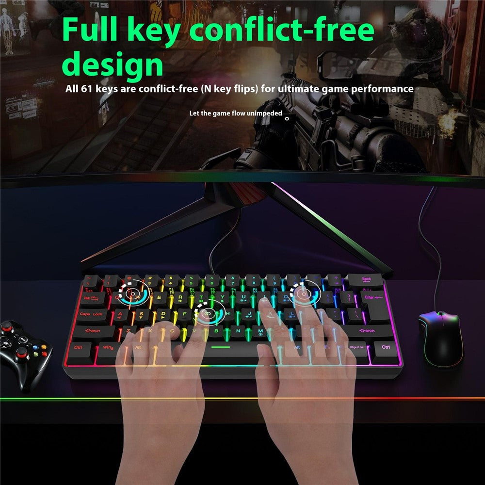 Y-FRUITFUL K401 Wired Keyboard 61-Key RGB Backlit Computer Office Gaming Keyboard