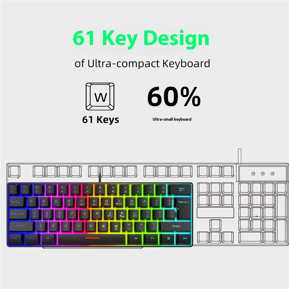 Y-FRUITFUL K401 Wired Keyboard 61-Key RGB Backlit Computer Office Gaming Keyboard