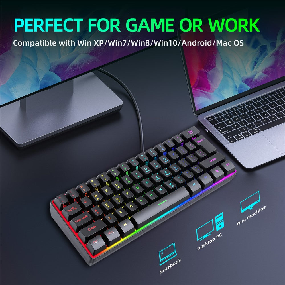 Y-FRUITFUL K401 Wired Keyboard 61-Key RGB Backlit Computer Office Gaming Keyboard