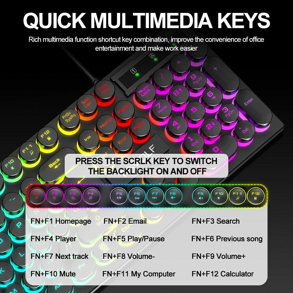 T-WOLF T80 Gaming Keyboard Retro Punk Round Keycap Wired Mechanical Keyboard with Colorful Backlight, Black