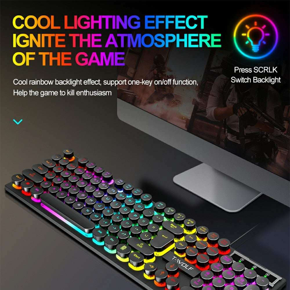 T-WOLF T80 Gaming Keyboard Retro Punk Round Keycap Wired Mechanical Keyboard with Colorful Backlight, Black