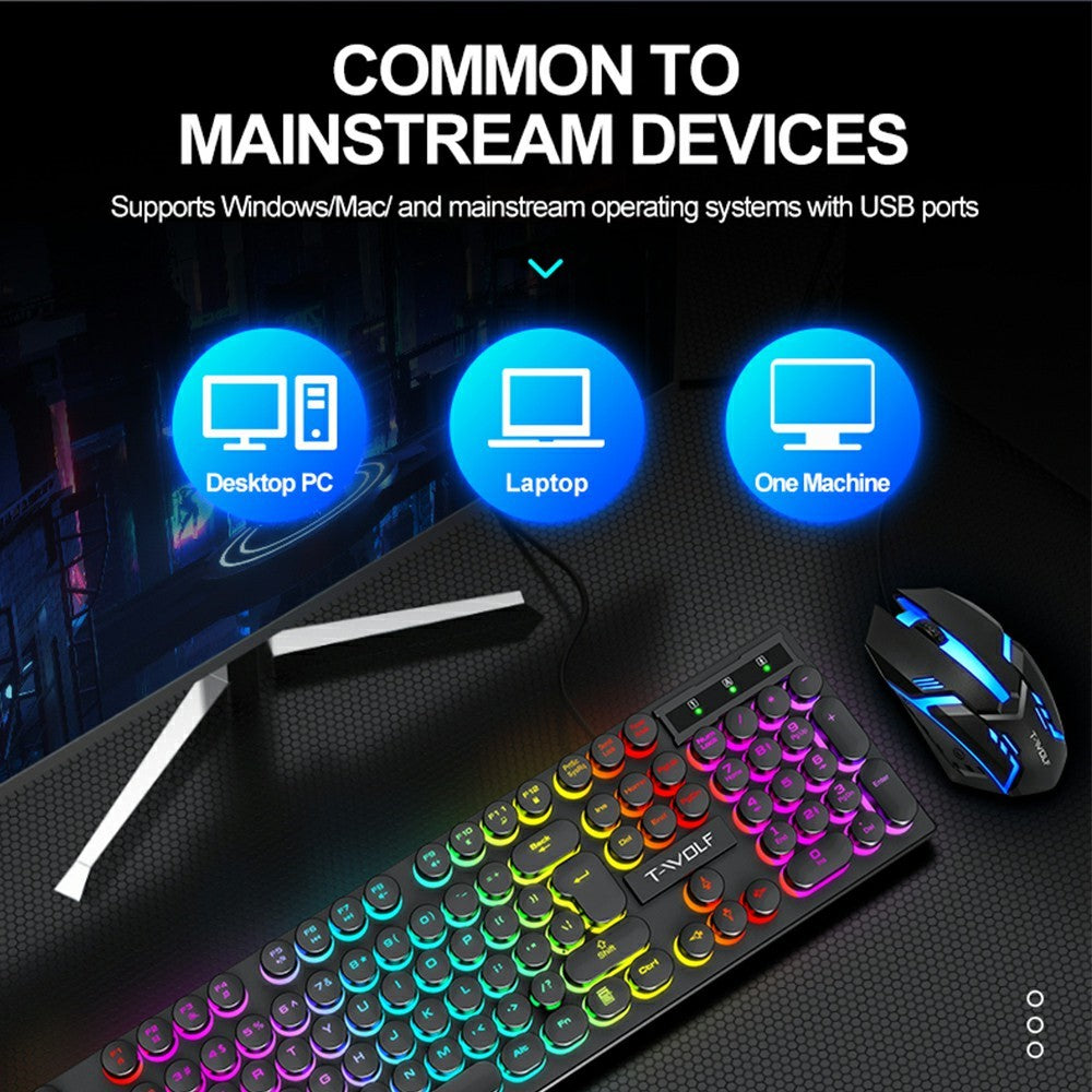T-WOLF T80 Gaming Keyboard Retro Punk Round Keycap Wired Mechanical Keyboard with Colorful Backlight, Black