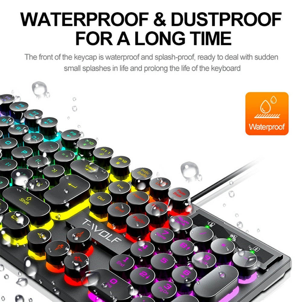 T-WOLF T80 Gaming Keyboard Retro Punk Round Keycap Wired Mechanical Keyboard with Colorful Backlight, Black