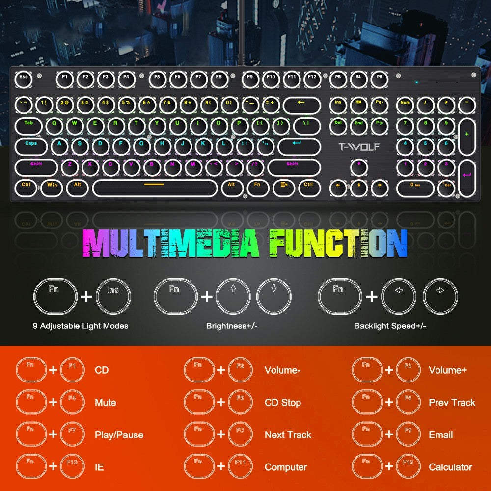 T-WOLF T75 Electroplated Punk 104 Keys Mechanical Gaming Keyboard with RGB Backlit USB Wired Keyboard