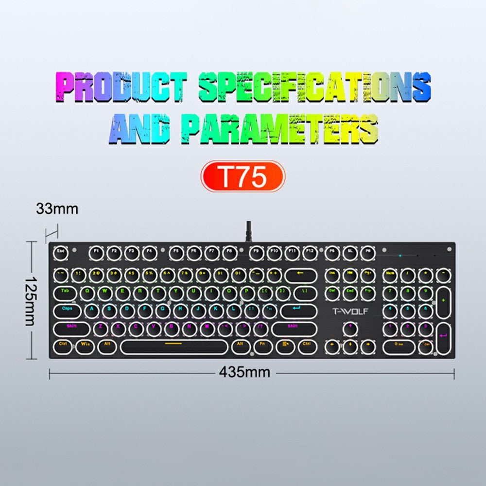 T-WOLF T75 Electroplated Punk 104 Keys Mechanical Gaming Keyboard with RGB Backlit USB Wired Keyboard