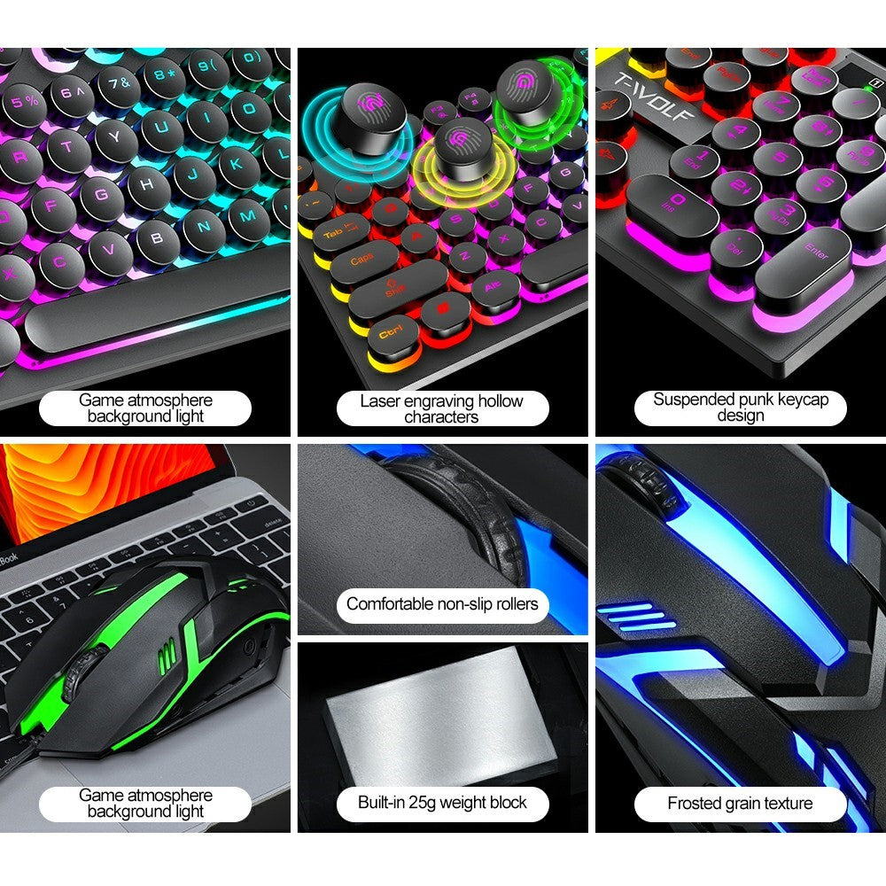 T-WOLF TF270 Retro Punk 104 Keys Mechanical Gaming Wired Keyboard and Mouse Combo Set with Colorful Backlight