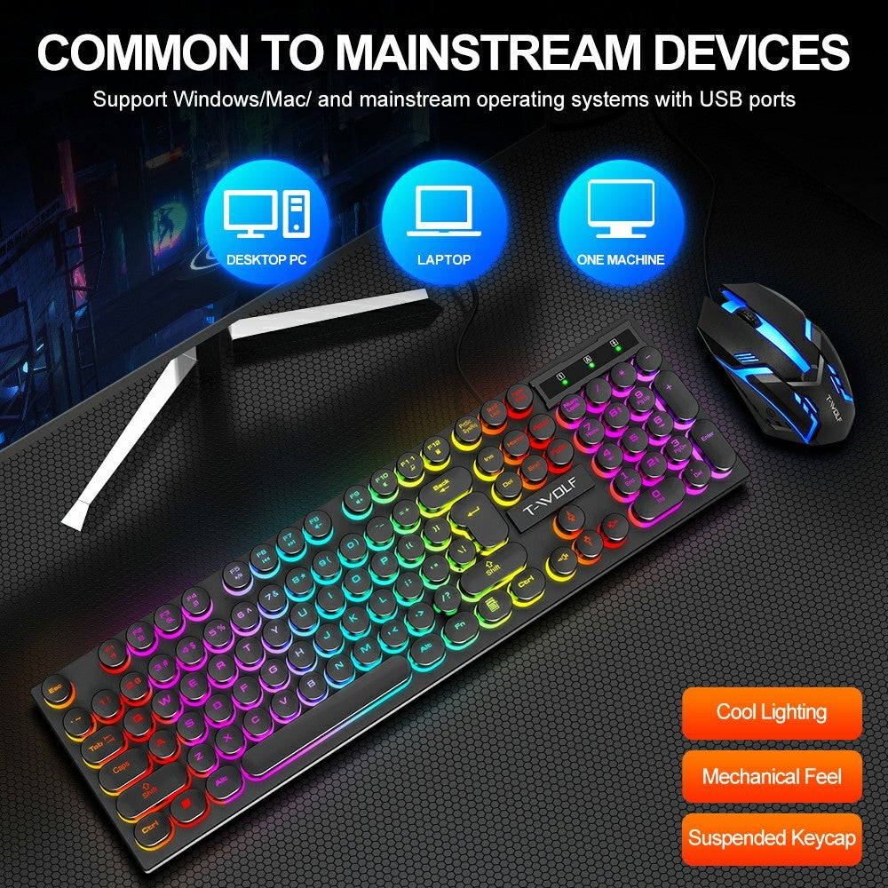 T-WOLF TF270 Retro Punk 104 Keys Mechanical Gaming Wired Keyboard and Mouse Combo Set with Colorful Backlight