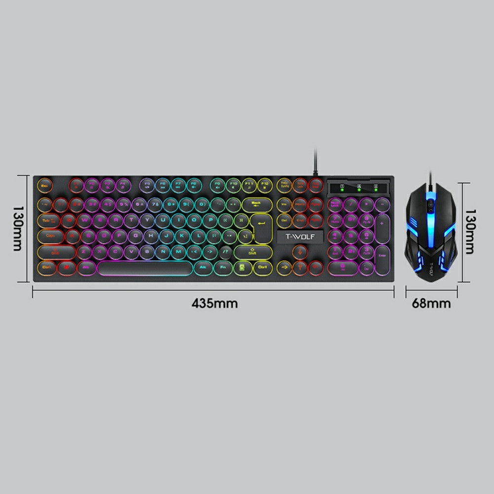 T-WOLF TF270 Retro Punk 104 Keys Mechanical Gaming Wired Keyboard and Mouse Combo Set with Colorful Backlight