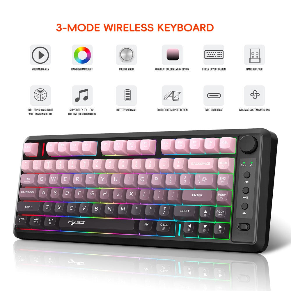 HXSJ L400 81 Keys Membrane Keyboard 2.4G + Bluetooth-compatible Tri-Mode Wireless Keyboard with RGB Backlit