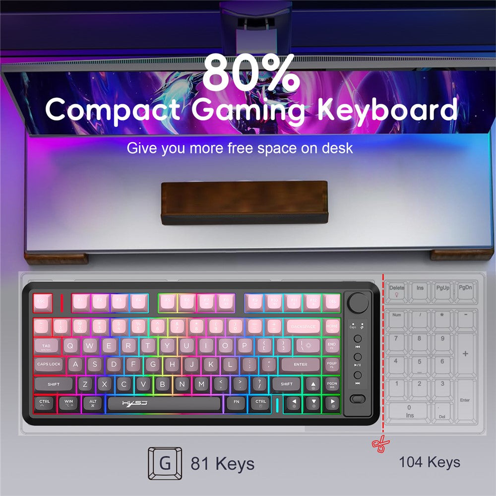 HXSJ L400 81 Keys Membrane Keyboard 2.4G + Bluetooth-compatible Tri-Mode Wireless Keyboard with RGB Backlit