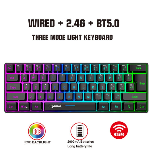 HXSJ L500 61 Keys Gaming Keyboard 2.4G / Bluetooth-compatible / Wired Triple Mode Membrane Keyboard with RGB Backlit