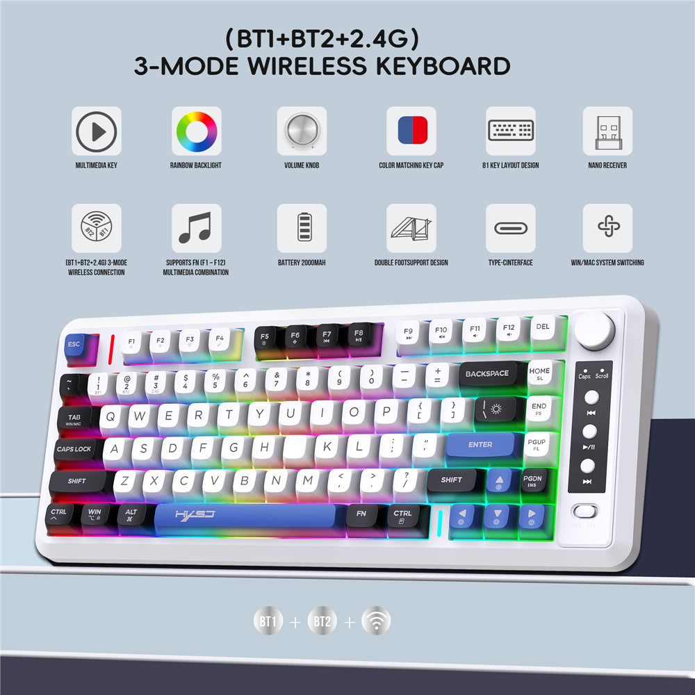 HXSJ L400 81 Keys Membrane Keyboard 2.4G + Bluetooth-compatible Tri-Mode Wireless Keyboard with RGB Backlit