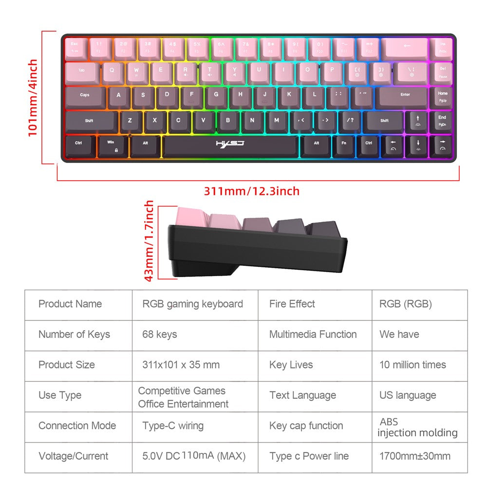 HXSJ V200 Ergonomic 68 Keys Membrane Keyboard RGB Lighting Wired Keyboard for Gaming, 25-Key Rollover