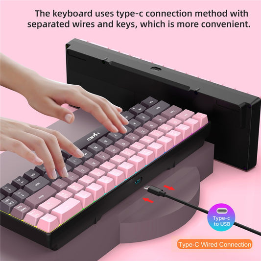 HXSJ V200 Ergonomic 68 Keys Membrane Keyboard RGB Lighting Wired Keyboard for Gaming, 25-Key Rollover