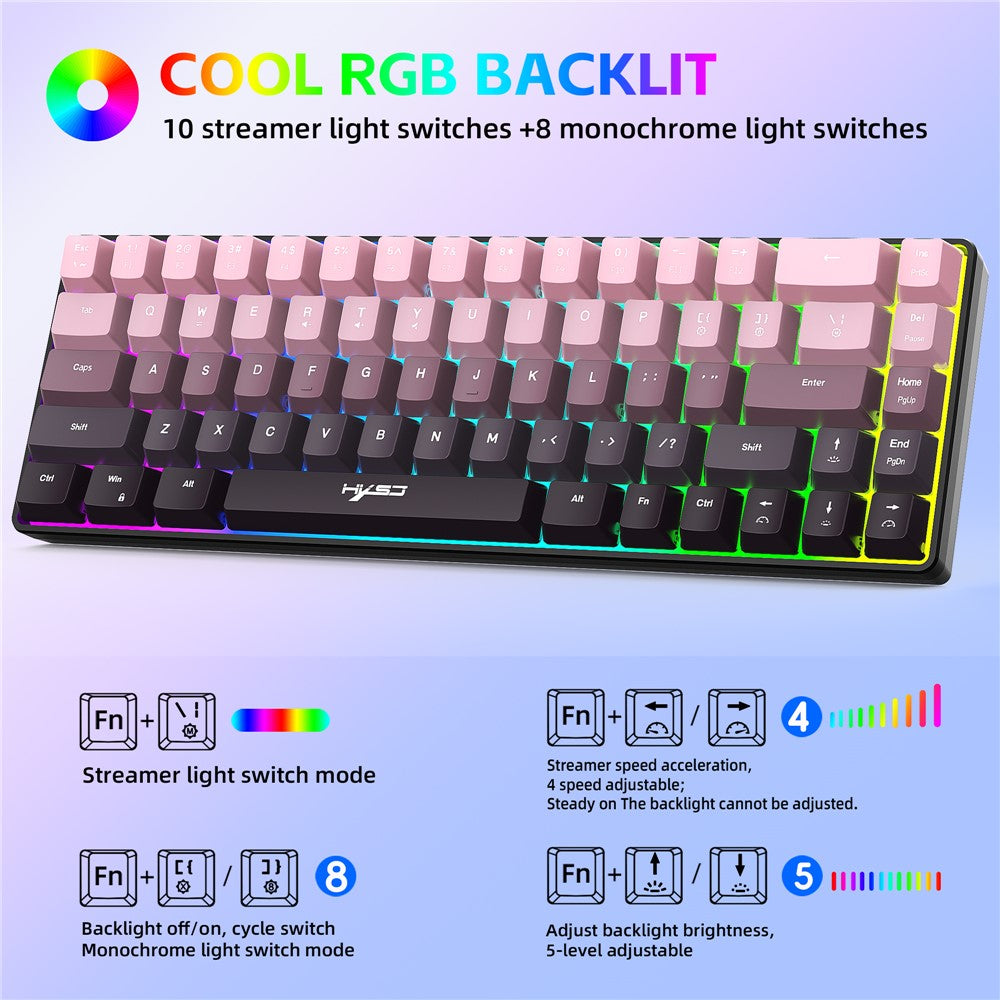 HXSJ V200 Ergonomic 68 Keys Membrane Keyboard RGB Lighting Wired Keyboard for Gaming, 25-Key Rollover