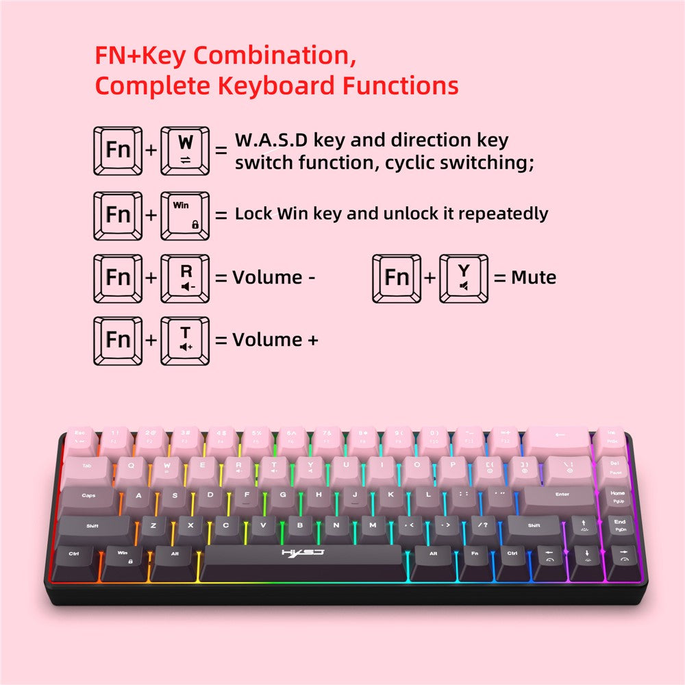 HXSJ V200 Ergonomic 68 Keys Membrane Keyboard RGB Lighting Wired Keyboard for Gaming, 25-Key Rollover