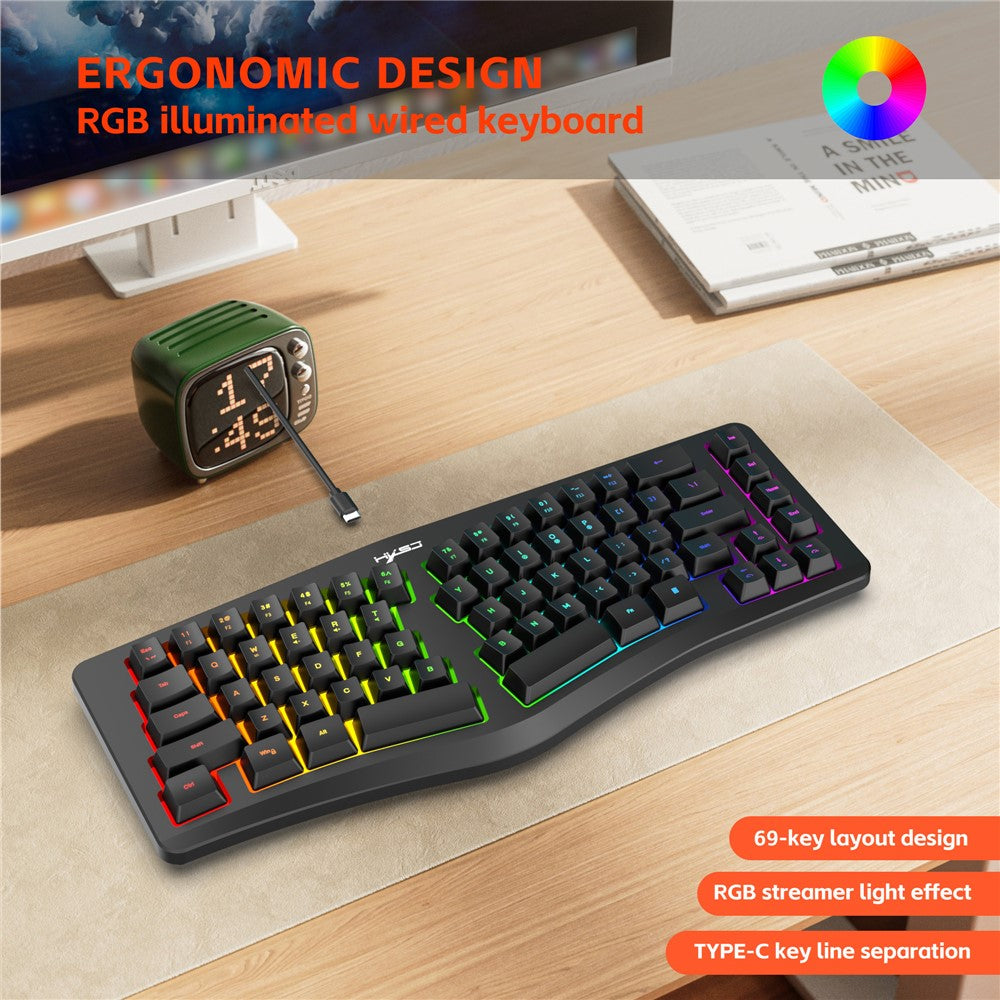 HXSJ J70 Ergonomic 69 Keys Wired Keyboard for Desktop Laptop Membrane Gaming Keyboard with RGB Backlit