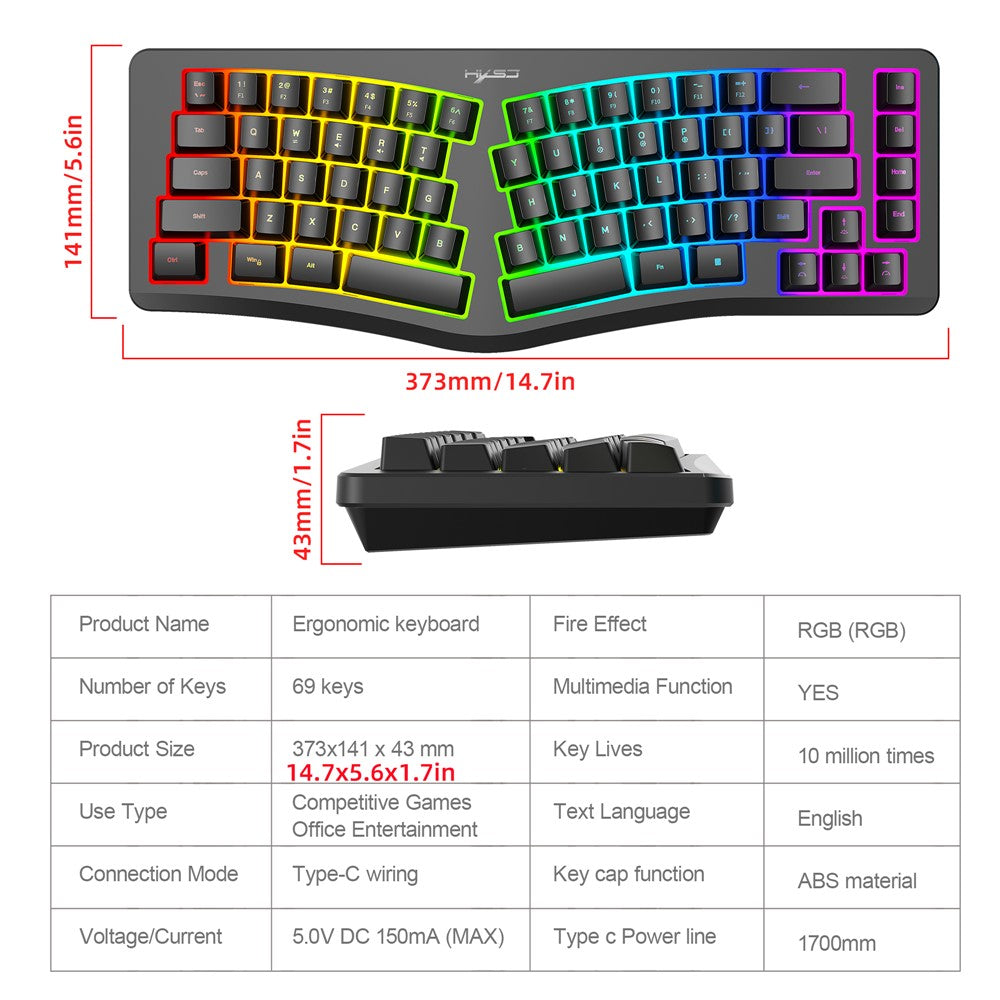 HXSJ J70 Ergonomic 69 Keys Wired Keyboard for Desktop Laptop Membrane Gaming Keyboard with RGB Backlit