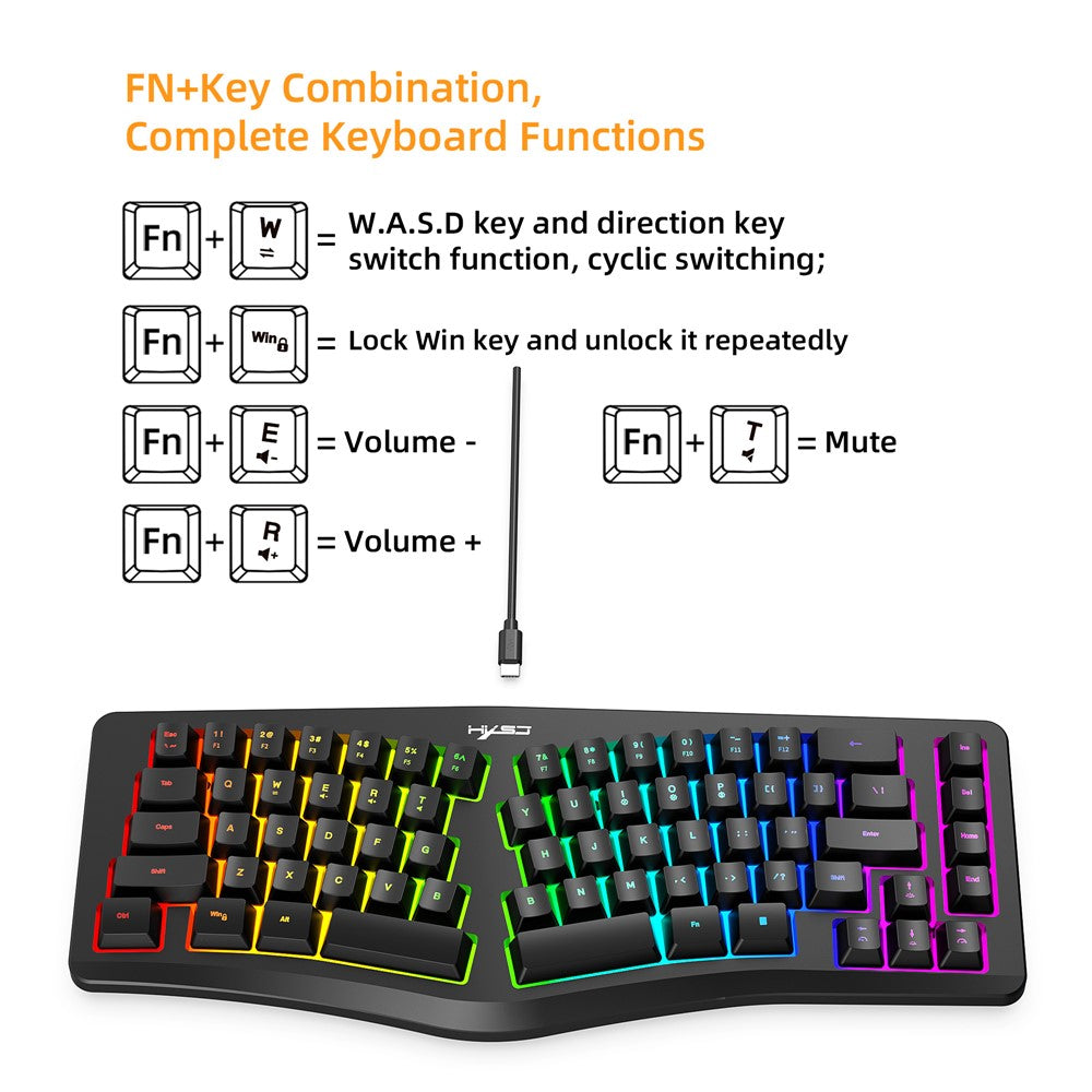 HXSJ J70 Ergonomic 69 Keys Wired Keyboard for Desktop Laptop Membrane Gaming Keyboard with RGB Backlit