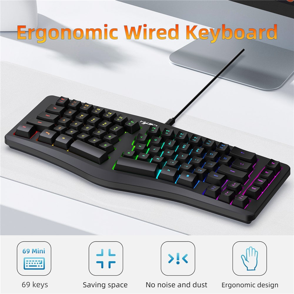 HXSJ J70 Ergonomic 69 Keys Wired Keyboard for Desktop Laptop Membrane Gaming Keyboard with RGB Backlit