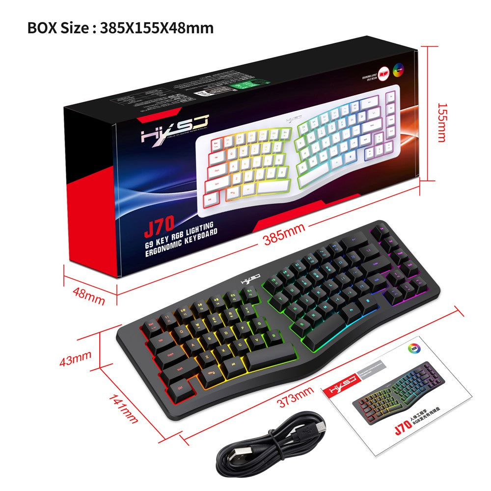 HXSJ J70 Ergonomic 69 Keys Wired Keyboard for Desktop Laptop Membrane Gaming Keyboard with RGB Backlit