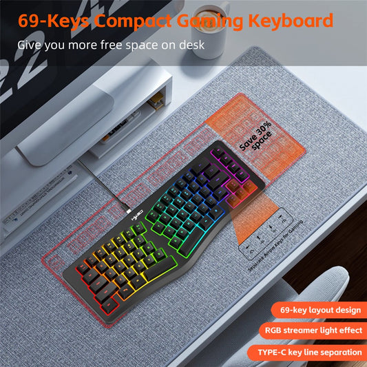 HXSJ J70 Ergonomic 69 Keys Wired Keyboard for Desktop Laptop Membrane Gaming Keyboard with RGB Backlit