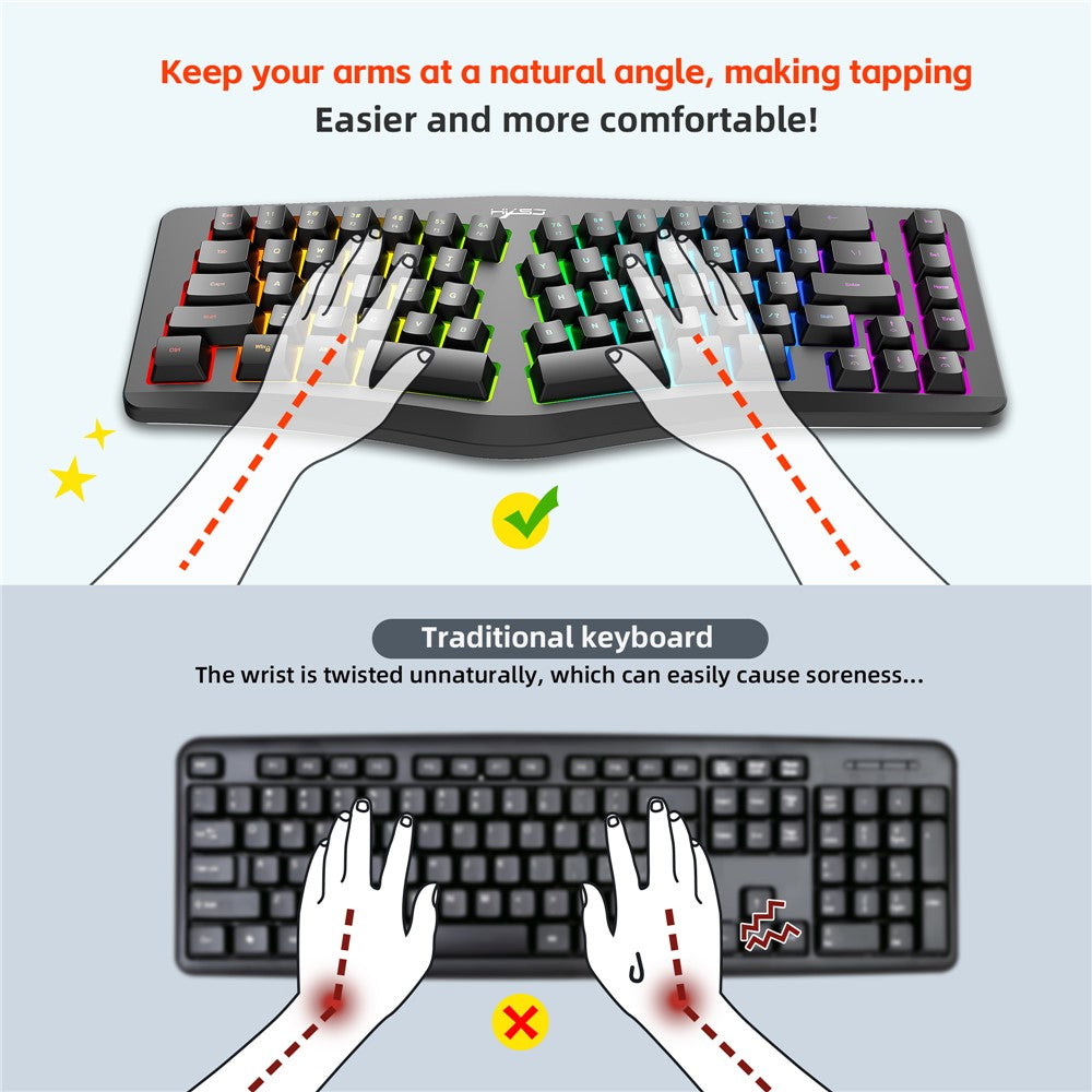 HXSJ J70 Ergonomic 69 Keys Wired Keyboard for Desktop Laptop Membrane Gaming Keyboard with RGB Backlit