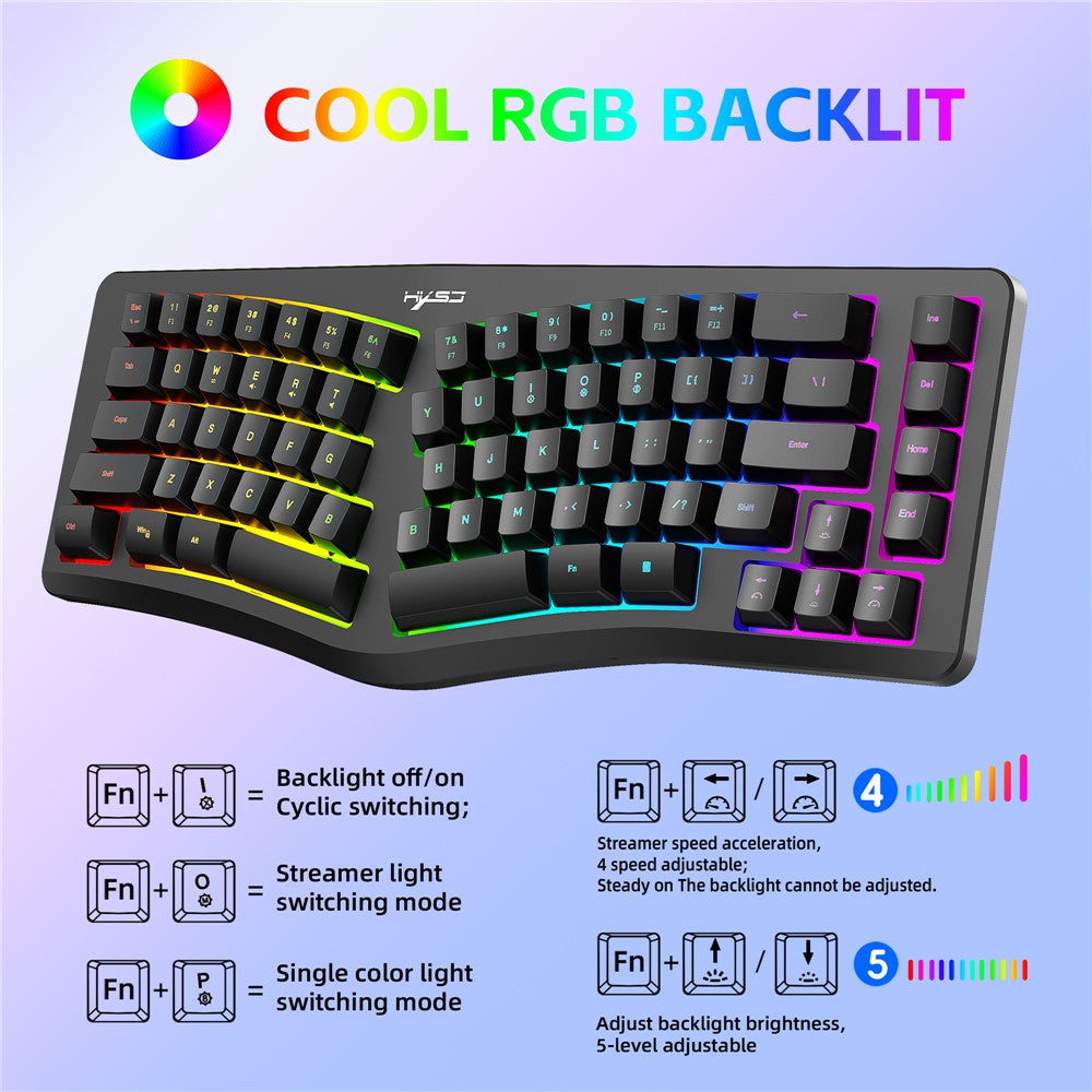 HXSJ J70 Ergonomic 69 Keys Wired Keyboard for Desktop Laptop Membrane Gaming Keyboard with RGB Backlit