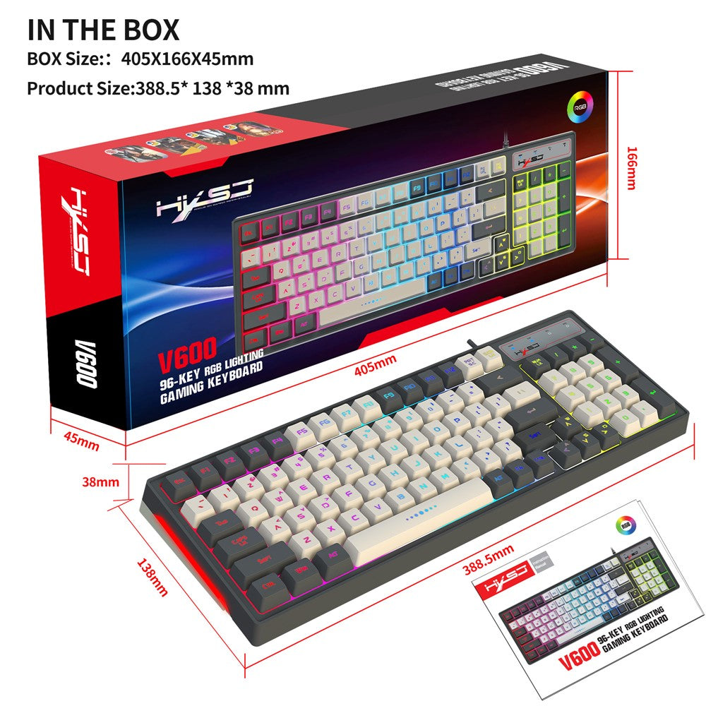 HXSJ V600B For Gaming 96 Keys Wired Keyboard RGB Backlit Mechanical Feel Membrane Keyboard