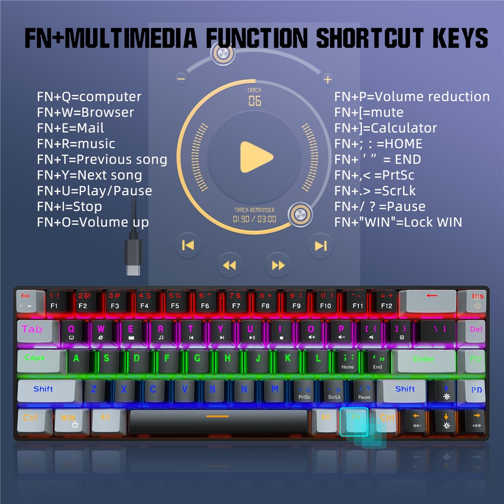 HXSJ V800 68 Keys Mechanical Keyboard with Backlit for Gaming Office