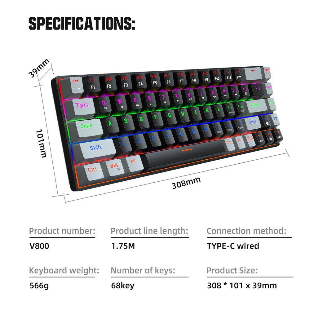 HXSJ V800 68 Keys Mechanical Keyboard with Backlit for Gaming Office