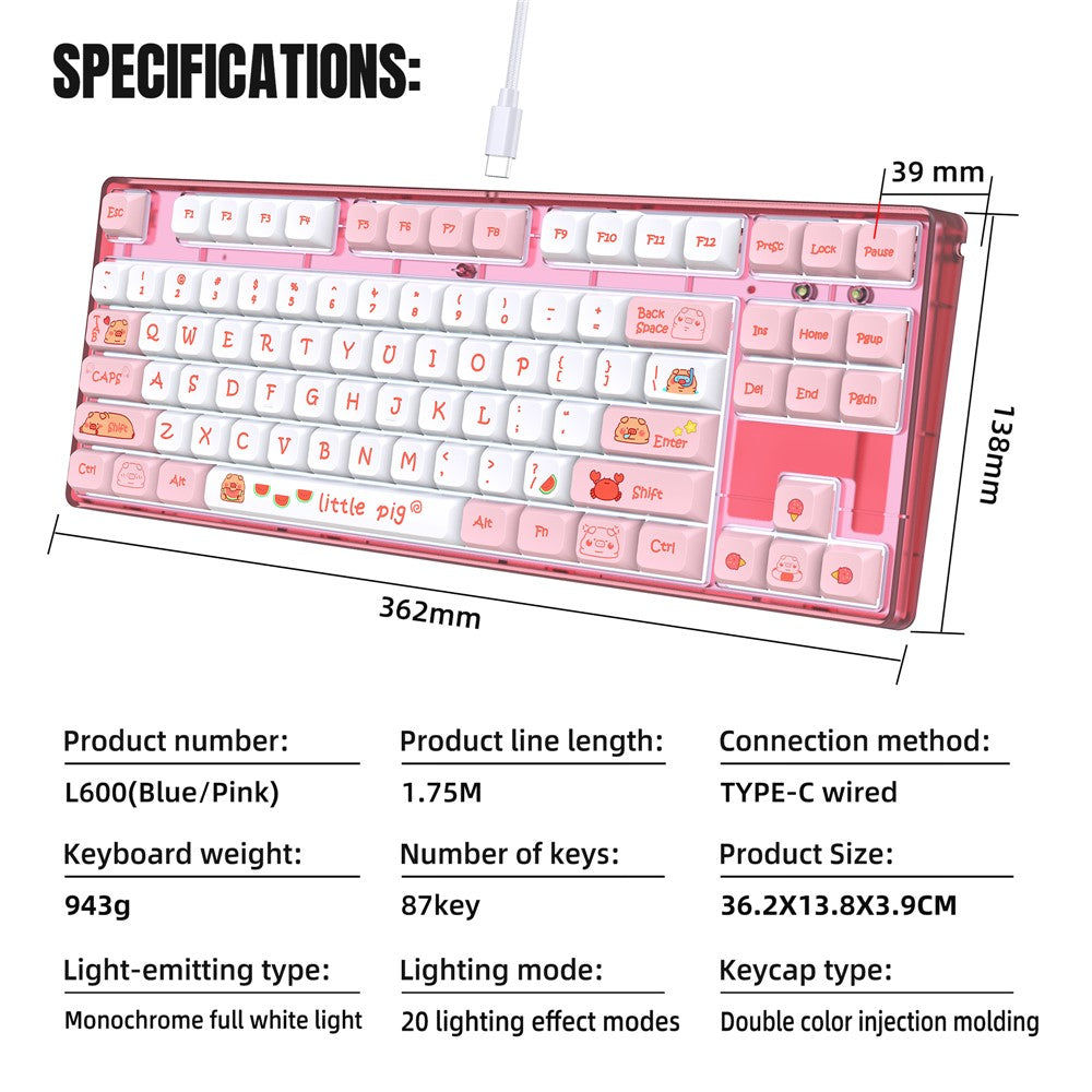 HXSJ L600 Cartoon Pattern 87-Key Mechanical Keyboard Ergonomic Wired Gaming Keyboard