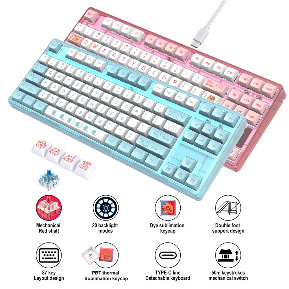 HXSJ L600 Cartoon Pattern 87-Key Mechanical Keyboard Ergonomic Wired Gaming Keyboard