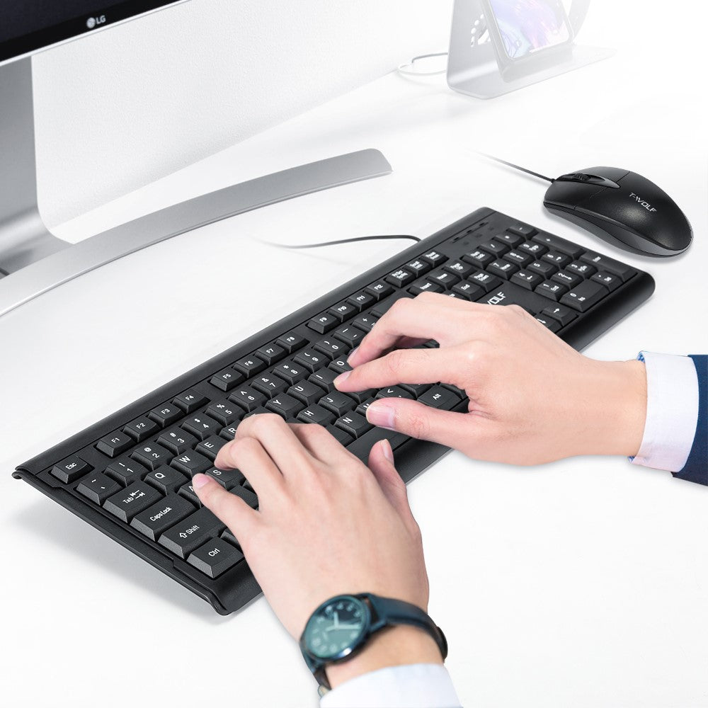 T-WOLF TF500 USB Wired Keyboard Mouse Set 104 Keys Keyboard for Computer PC Laptop