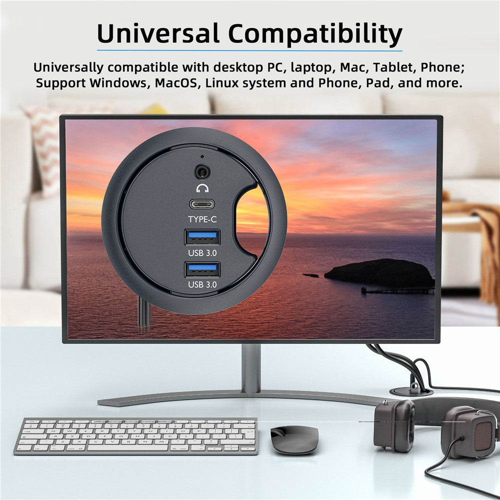 U3-095-HUB05 USB 3.0 Hub 2xUSB3.0 + 3.5mm + Type-C 60mm Desk Grommet Splitter Dock Station
