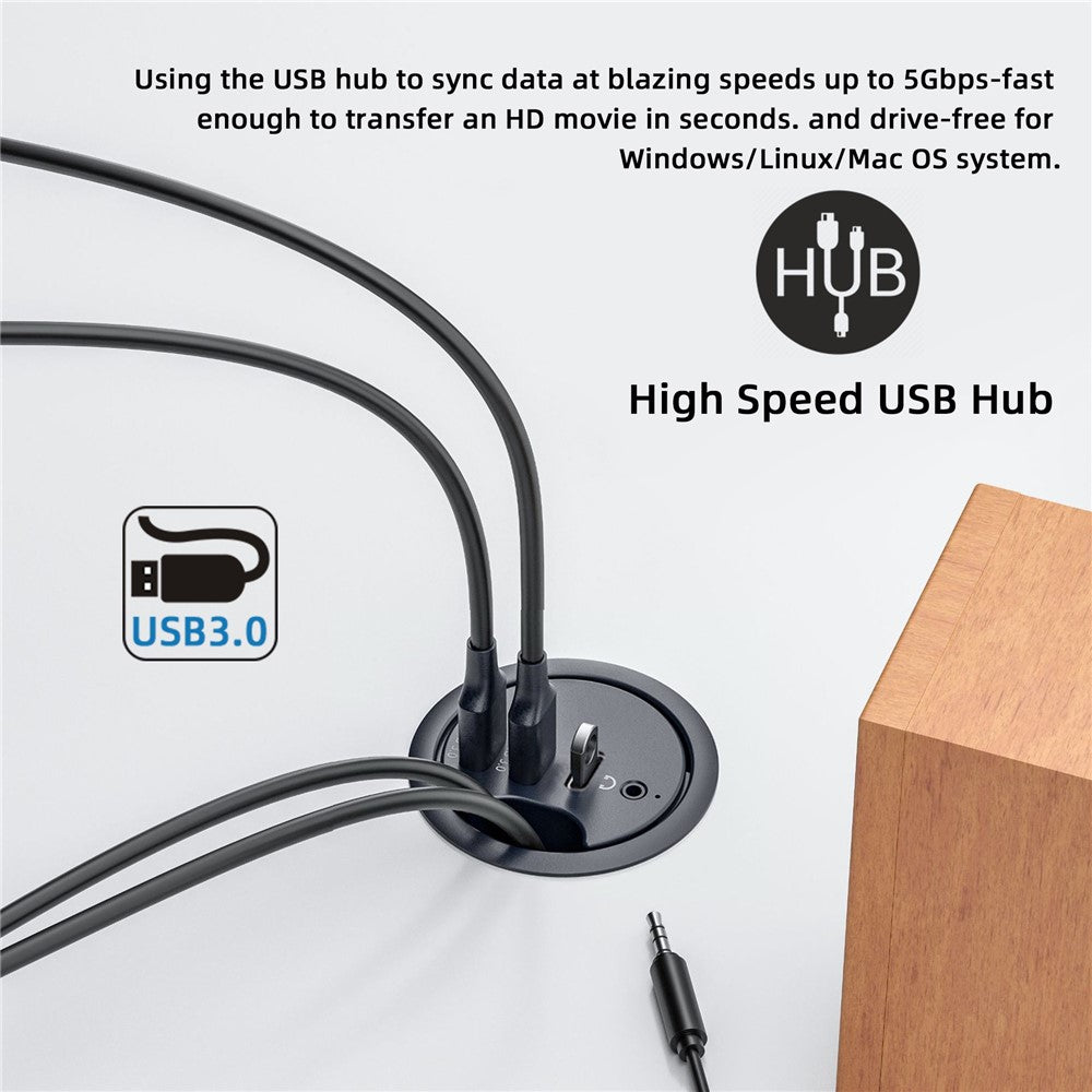 U3-095-HUB05 USB 3.0 Hub 2xUSB3.0 + 3.5mm + Type-C 60mm Desk Grommet Splitter Dock Station