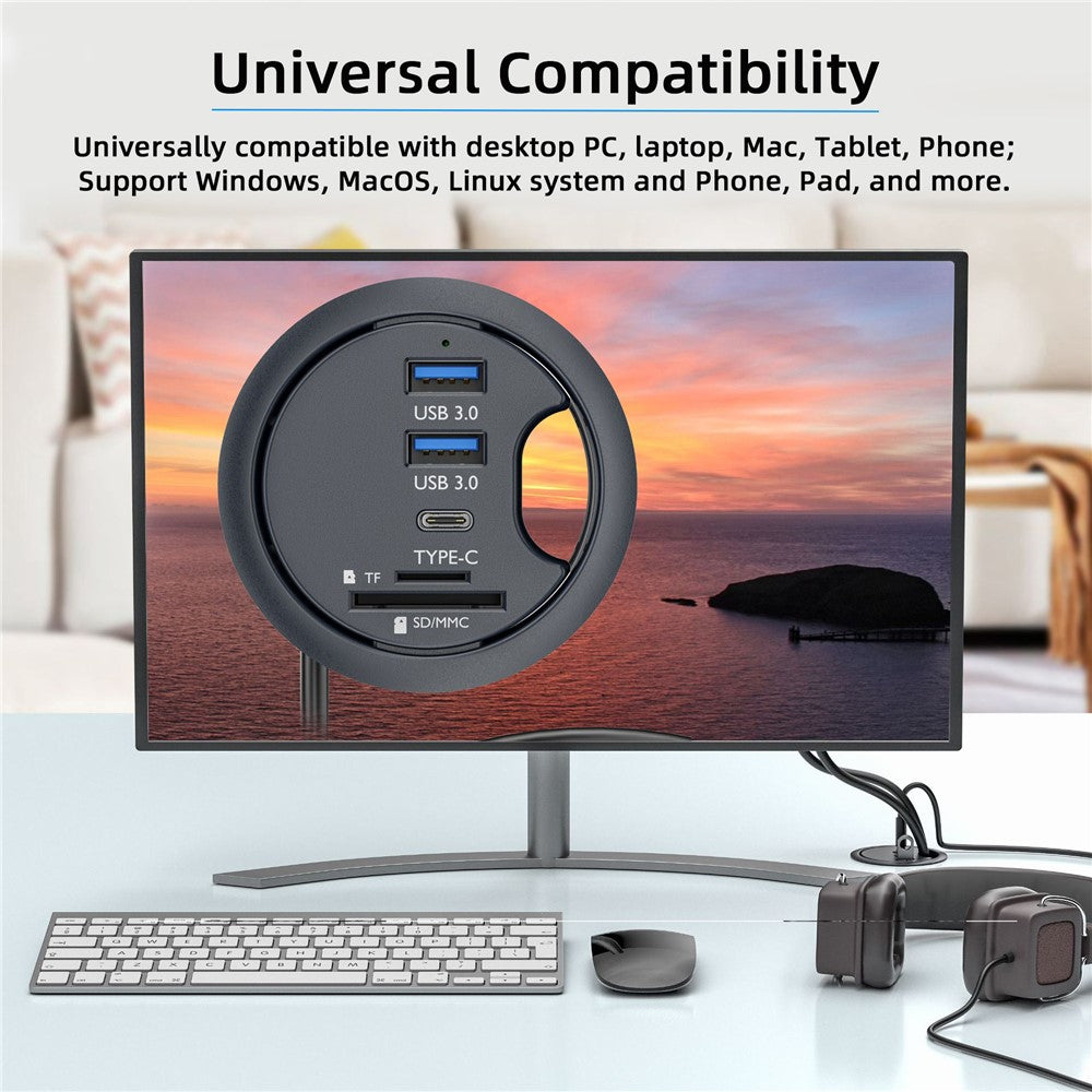 U3-095-HUB04 Desktop USB Hub to 2xCard Reader+USB-C+2xUSB 3.0+Headphone Jack Splitter Dock Station