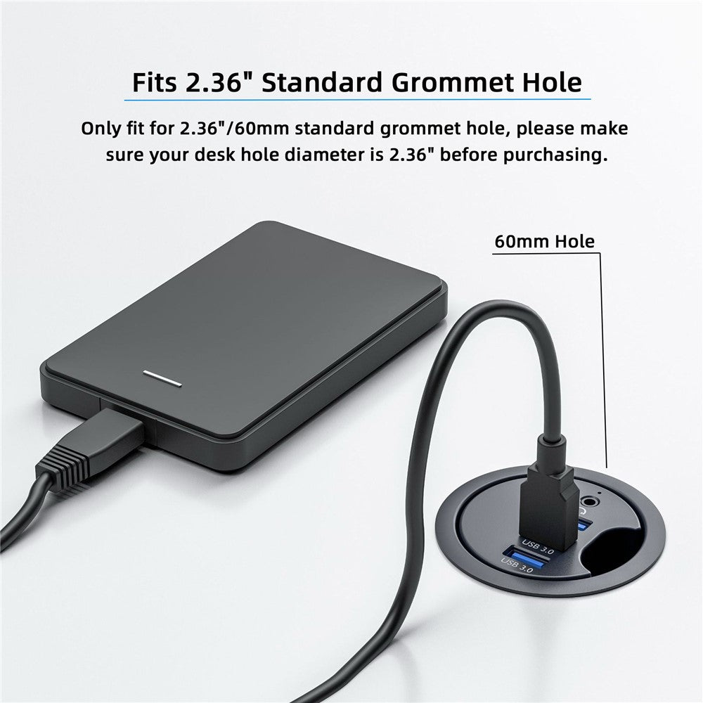 U3-095-HUB03 3X USB 3.0 Hub with Audio Port 60mm Desk Grommet Splitter Dock Station for Desktop PC Desk